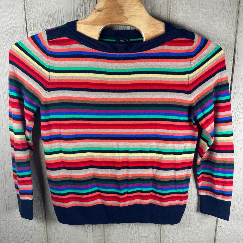 Talbots Striped Sweater Womens Sz XLPetite Multicolor Lambswool Blend Boat Neck
